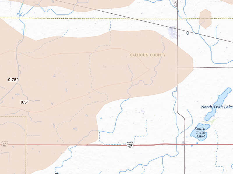 Radar-estimated hail-size map of the storm over Jolley, IA on Aug 10, 2026