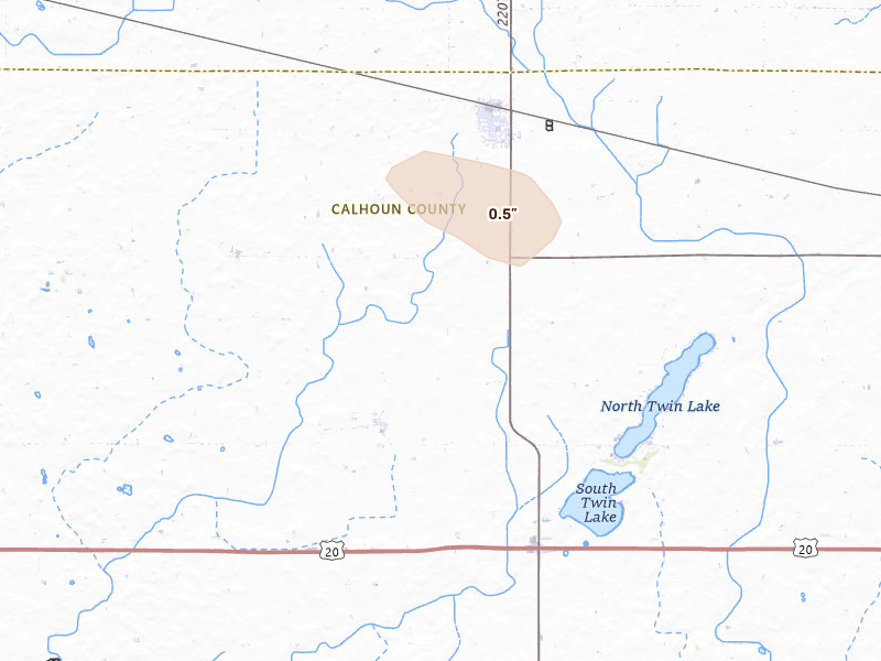 Radar-estimated hail-size map of the storm over Jolley, IA on Aug 12, 2026