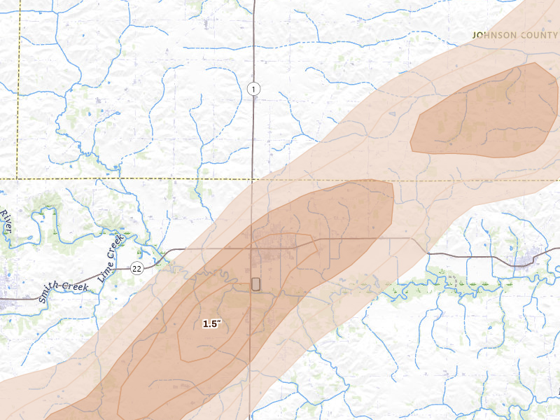 Radar-estimated hail-size map of the storm over Kalona, IA on Apr 2, 2026