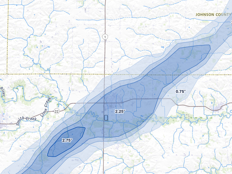 NEXRAD radar-signature map of the hail over Kalona, IA