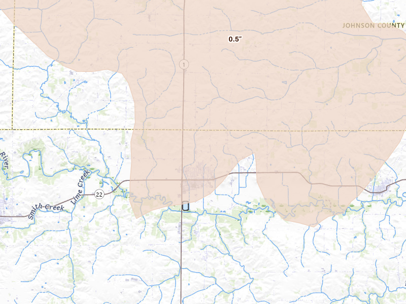 Radar-estimated hail-size map of the storm over Kalona, IA on Jun 17, 2026
