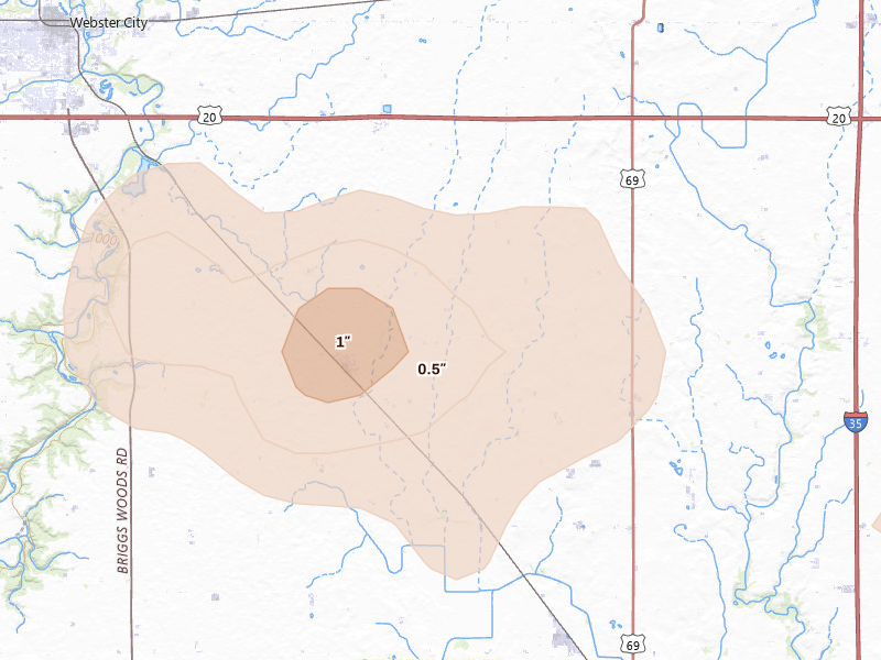 Radar-estimated hail-size map of the storm over Kamrar, IA on Jun 10, 2026