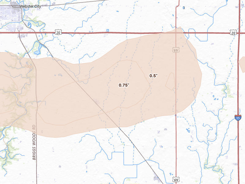 Radar-estimated hail-size map of the storm over Kamrar, IA on Jul 2, 2026