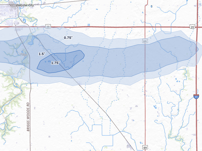 NEXRAD radar-signature map of the hail over Kamrar, IA