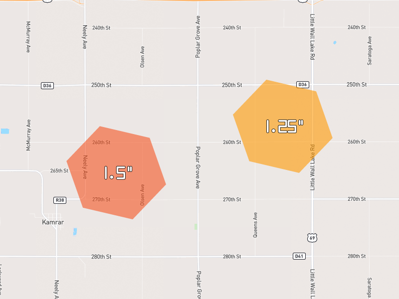 Hail map of Kamrar, IA on Jul 2, 2026, hail up to 1.5"