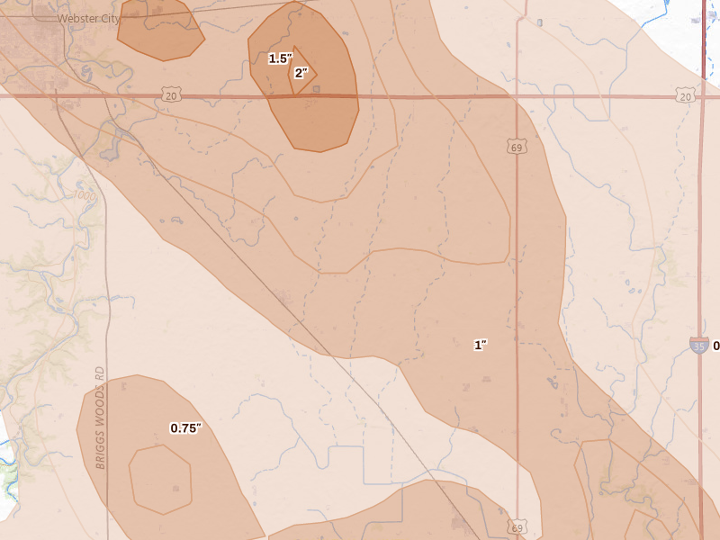 Radar-estimated hail-size map of the storm over Kamrar, IA on Jul 20, 2026