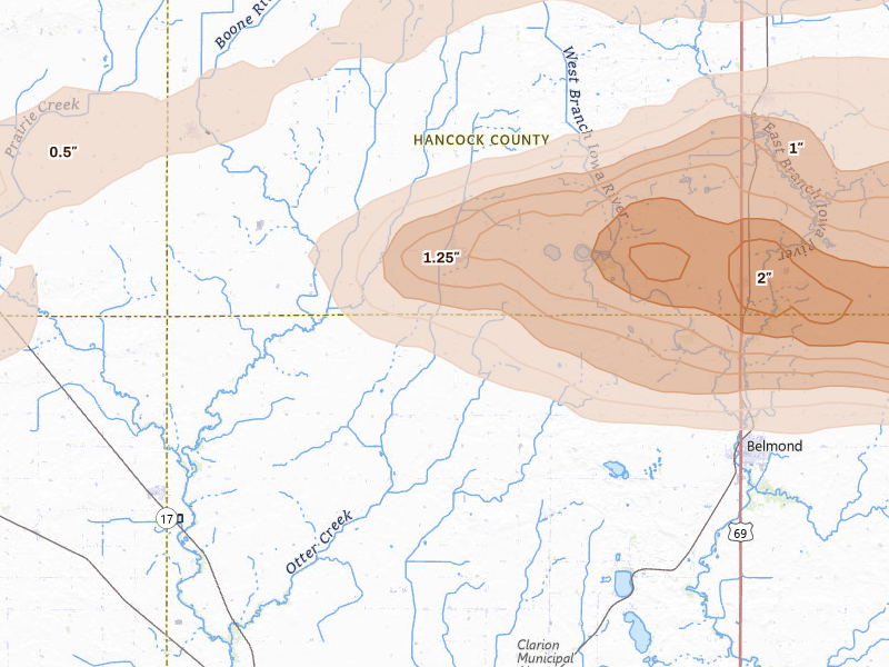 Radar-estimated hail-size map of the storm over Kanawha, IA on May 15, 2026