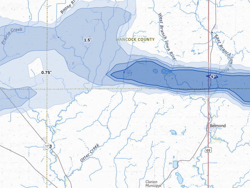 NEXRAD radar-signature map of the hail storm over Kanawha, IA on May 15, 2026