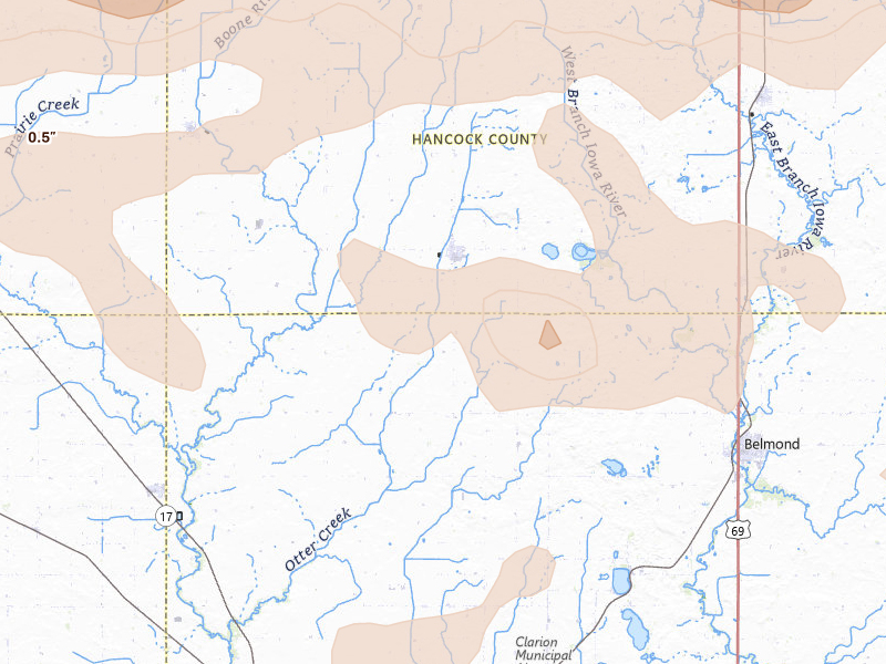 Radar-estimated hail-size map of the storm over Kanawha, IA on Jun 28, 2026