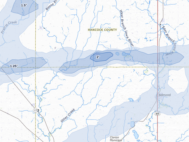 NEXRAD radar-signature map of the hail storm over Kanawha, IA on Jun 28, 2026