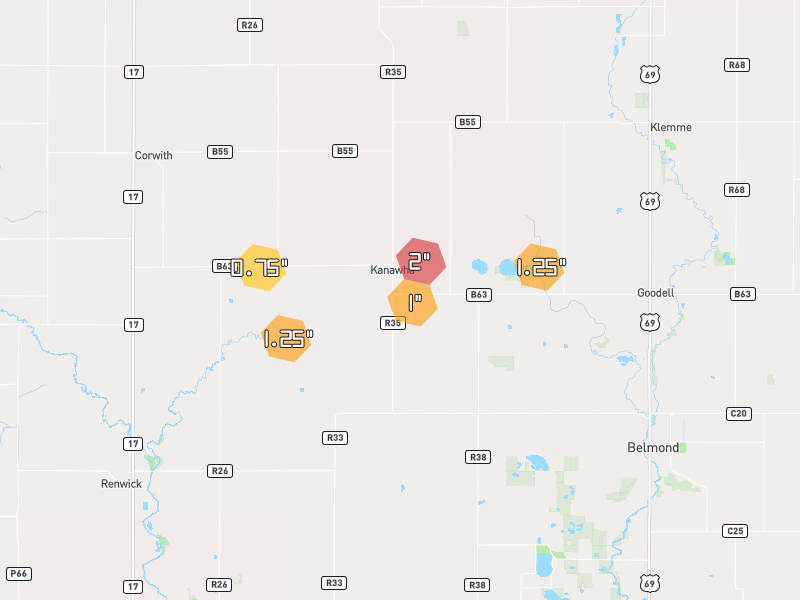 Hail map of Kanawha, IA on Jun 28, 2026, hail up to 2"