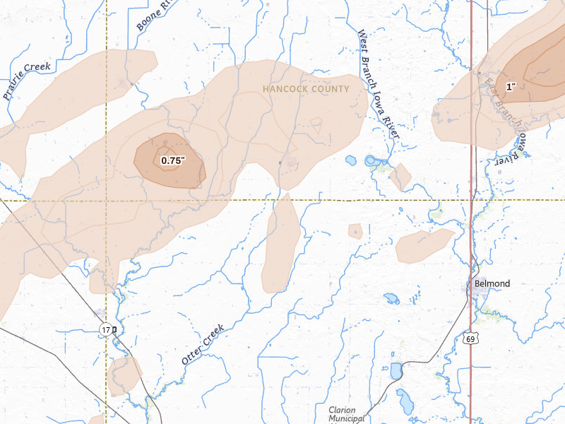 Radar-estimated hail-size map of the storm over Kanawha, IA on Jul 2, 2026