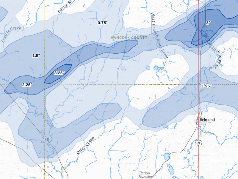 NEXRAD radar-signature map of the hail over Kanawha, IA