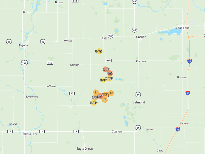 Hail map of Kanawha, IA on Jul 2, 2026, hail up to 3.25"