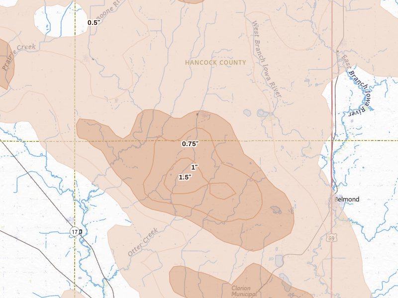 Radar-estimated hail-size map of the storm over Kanawha, IA on Jul 20, 2026