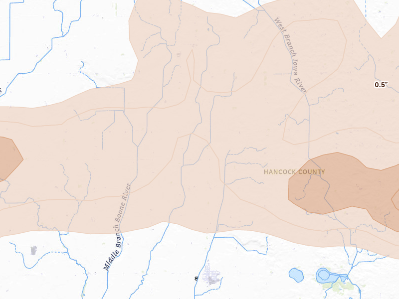 Radar-estimated hail-size map of the storm over Kanawha, IA on Aug 7, 2026