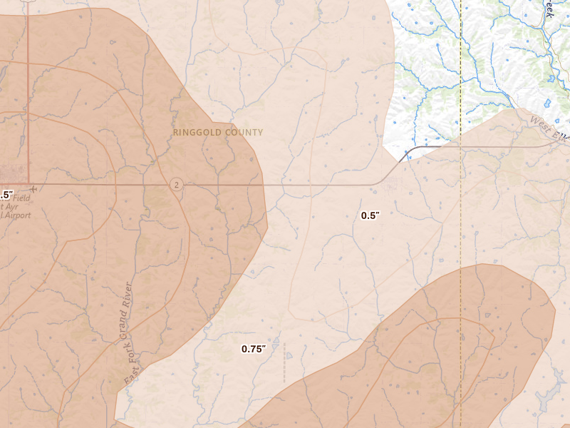 Radar-estimated hail-size map of the storm over Kellerton, IA on May 16, 2026