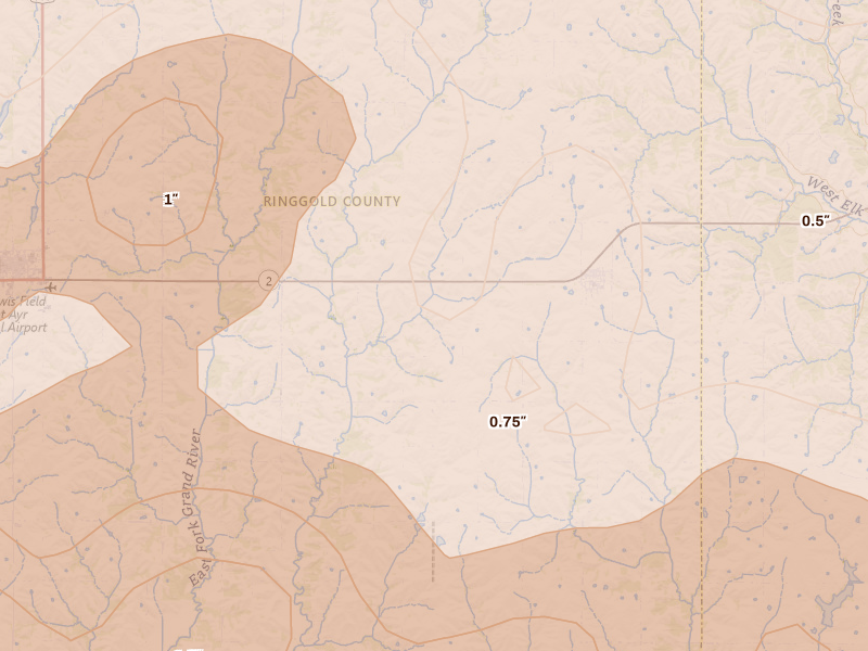 Radar-estimated hail-size map of the storm over Kellerton, IA on Jun 11, 2026