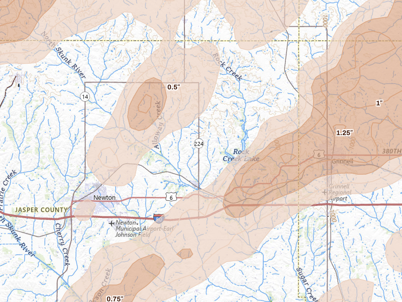 Radar-estimated hail-size map of the storm over Kellogg, IA on Apr 17, 2026