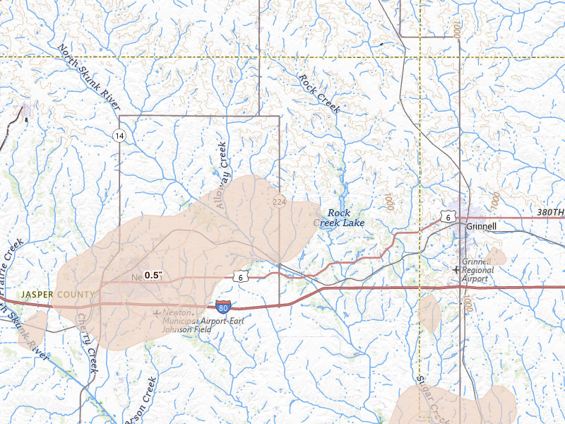 Radar-estimated hail-size map of the storm over Kellogg, IA on Jul 3, 2026