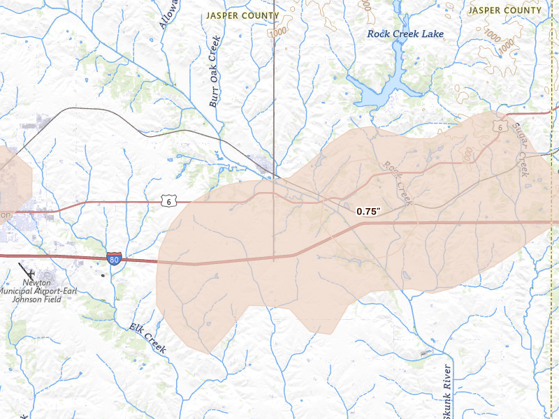 Radar-estimated hail-size map of the storm over Kellogg, IA on Aug 10, 2026