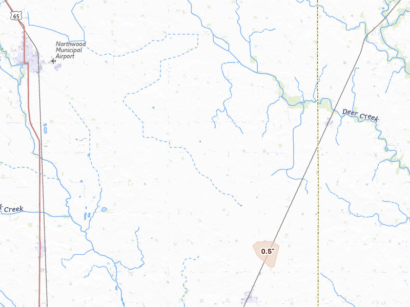 Radar-estimated hail-size map of the storm over Kensett, IA on May 17, 2026