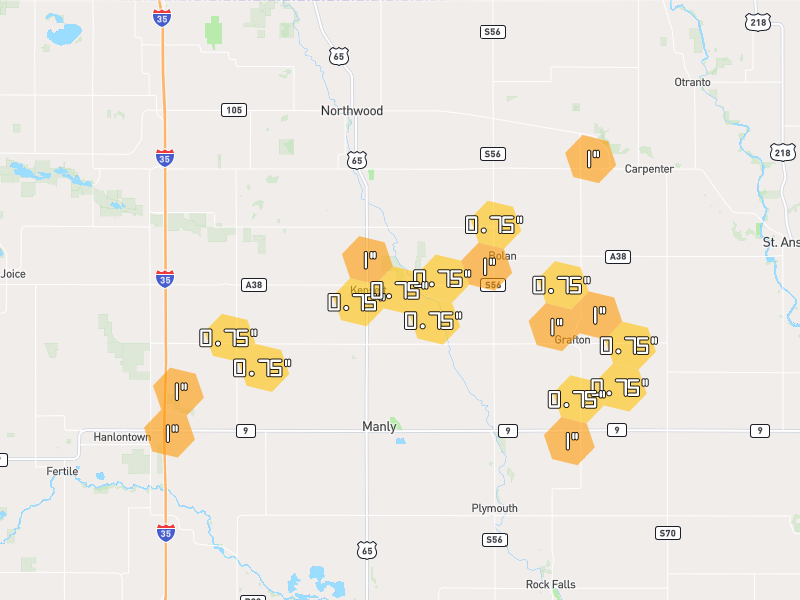 Hail map of Kensett, IA on Jul 8, 2026, hail up to 1"