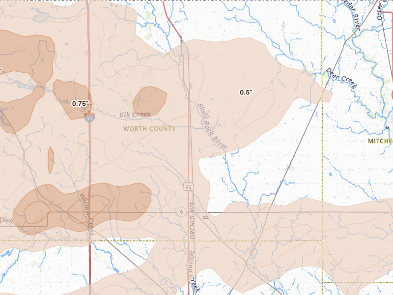 Radar-estimated hail-size map of the storm over Kensett, IA on Aug 7, 2026
