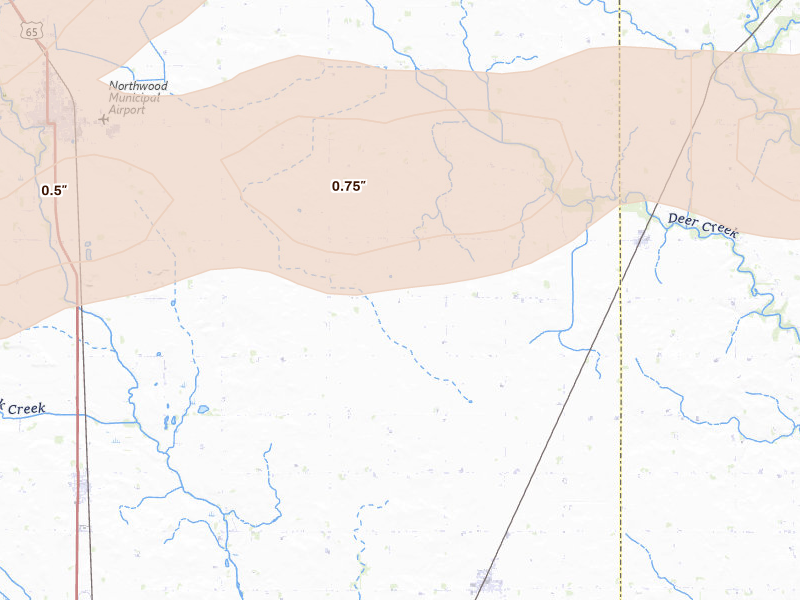 Radar-estimated hail-size map of the storm over Kensett, IA on Sep 1, 2026