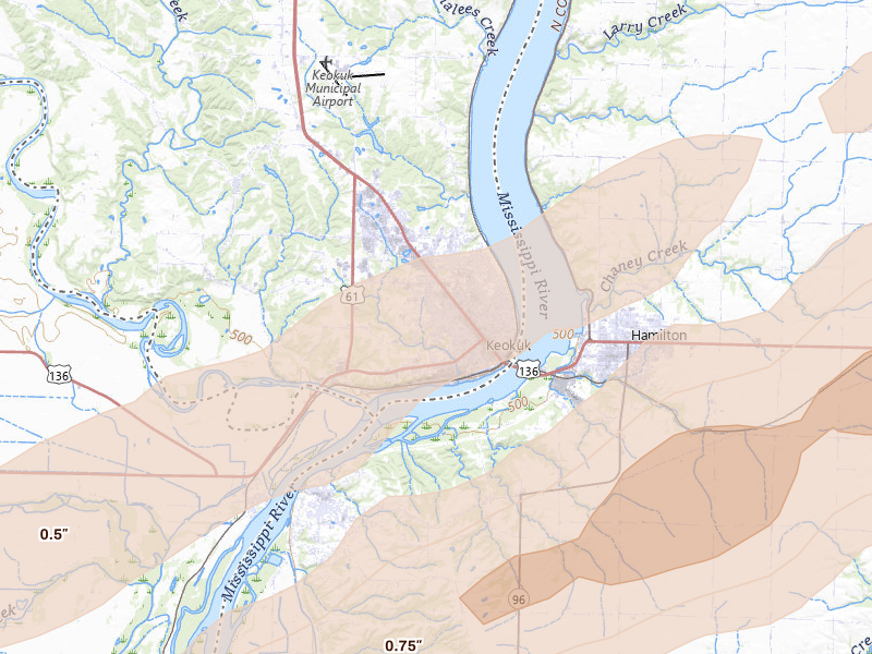 Radar-estimated hail-size map of the storm over Keokuk, IA on Jun 11, 2026