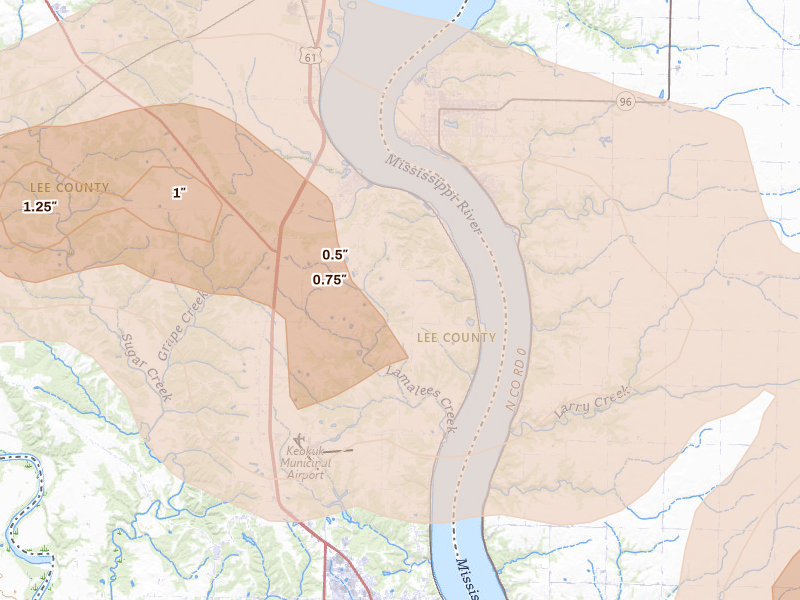 Radar-estimated hail-size map of the storm over Keokuk, IA on Aug 14, 2026