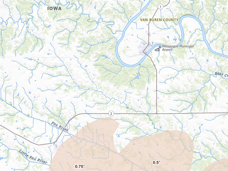 Radar-estimated hail-size map of the storm over Keosauqua, IA on Mar 26, 2026
