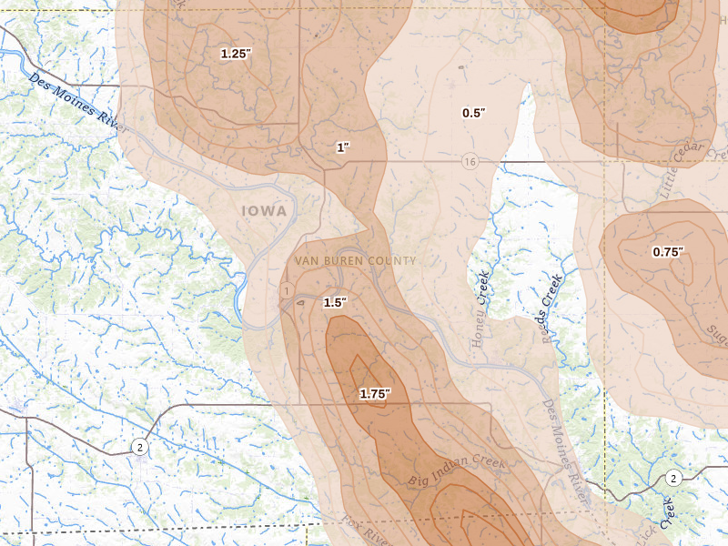 Radar-estimated hail-size map of the storm over Keosauqua, IA on Aug 7, 2026