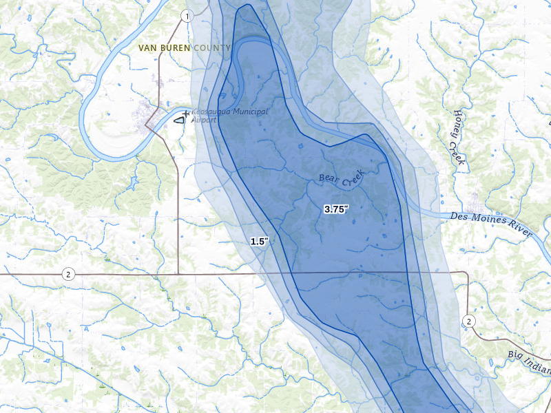 NEXRAD radar-signature map of the hail storm over Keosauqua, IA on Aug 7, 2026
