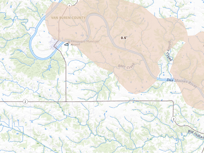 Radar-estimated hail-size map of the storm over Keosauqua, IA on Aug 12, 2026