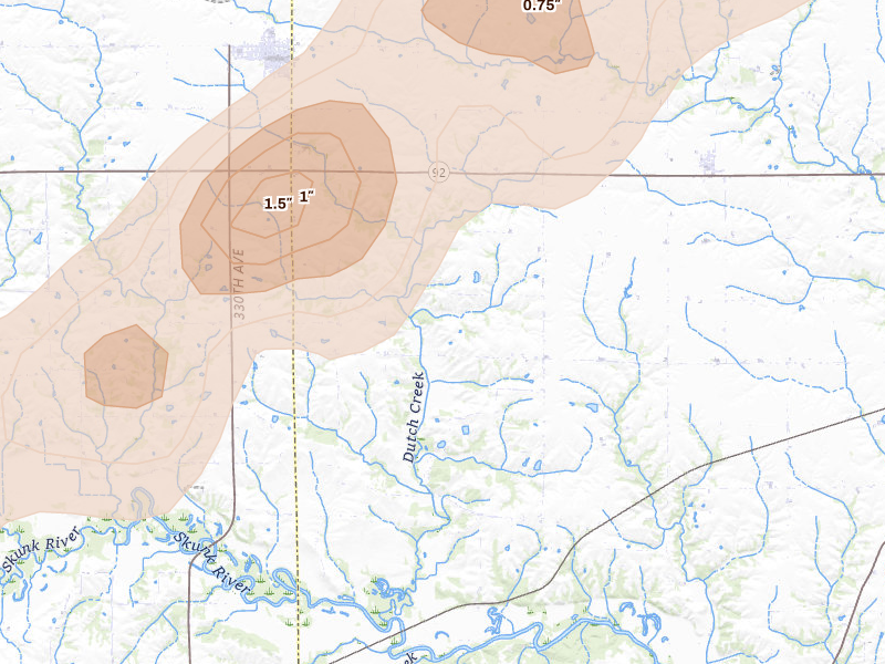 Radar-estimated hail-size map of the storm over Keota, IA on Apr 2, 2026