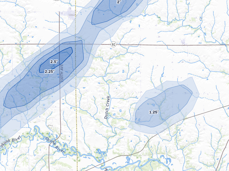 NEXRAD radar-signature map of the hail storm over Keota, IA on Apr 2, 2026