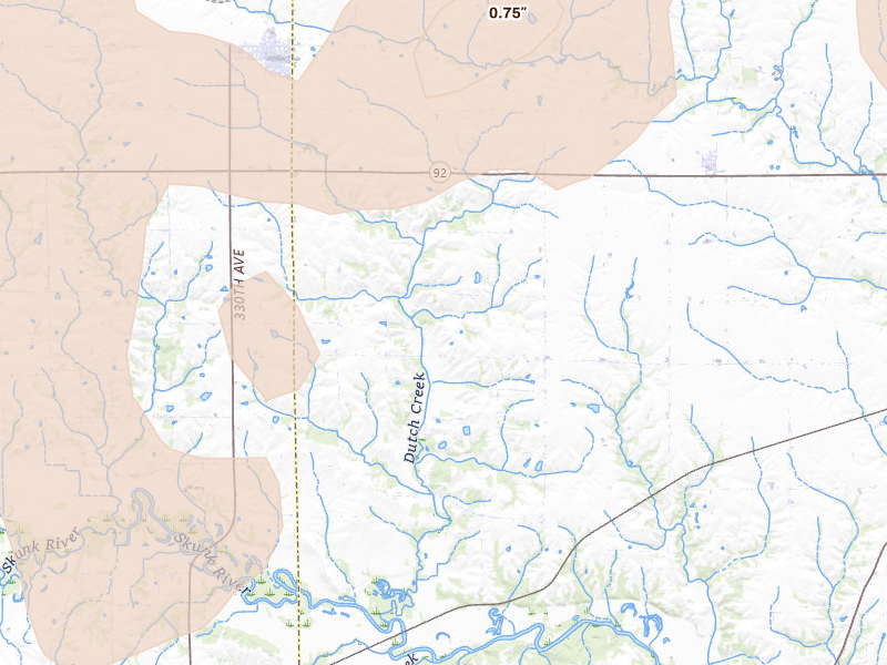 Radar-estimated hail-size map of the storm over Keota, IA on Jun 11, 2026