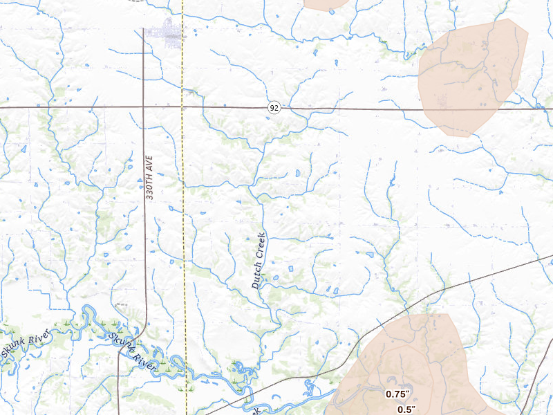 Radar-estimated hail-size map of the storm over Keota, IA on Jul 3, 2026