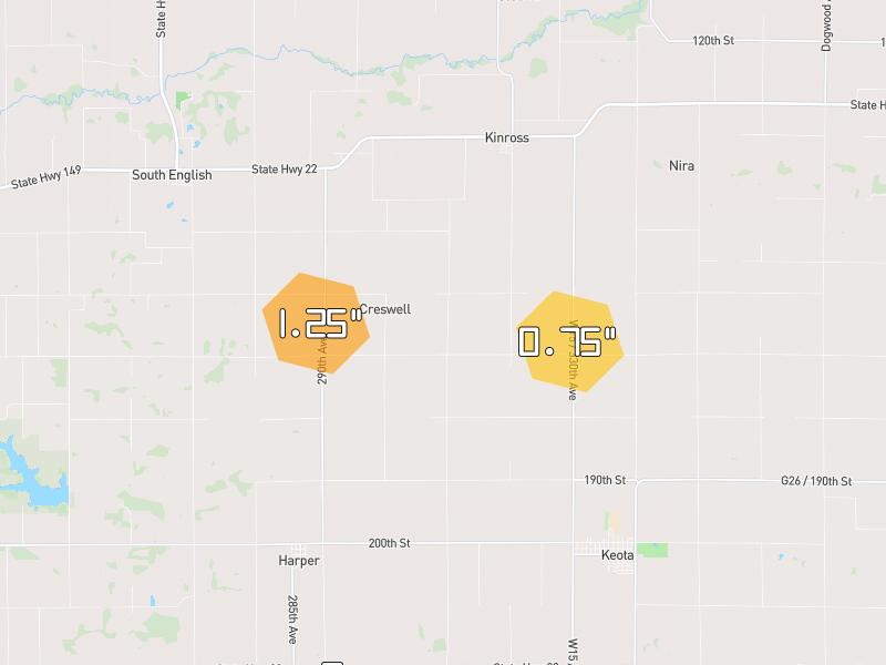 Hail map of Keota, IA on Jul 4, 2026, hail up to 1.25"