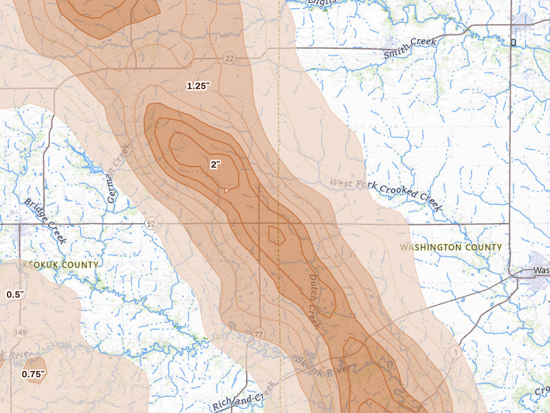 Radar-estimated hail-size map of the storm over Keota, IA on Aug 7, 2026