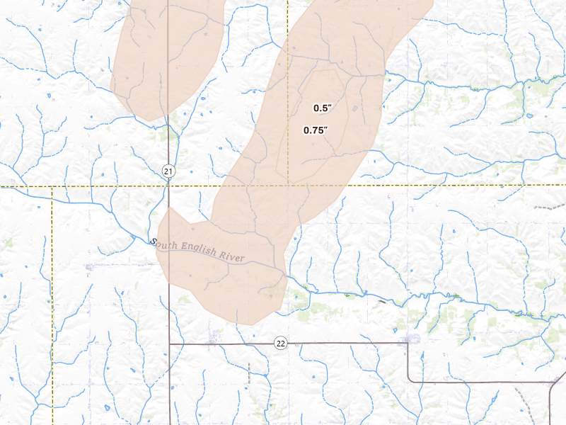 Radar-estimated hail-size map of the storm over Keswick, IA on Apr 23, 2026