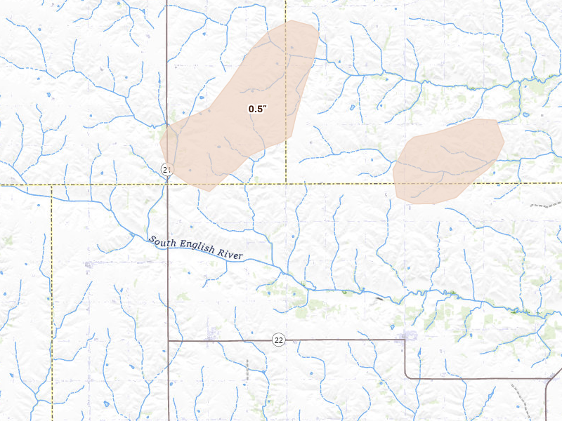 Radar-estimated hail-size map of the storm over Keswick, IA on Jun 16, 2026