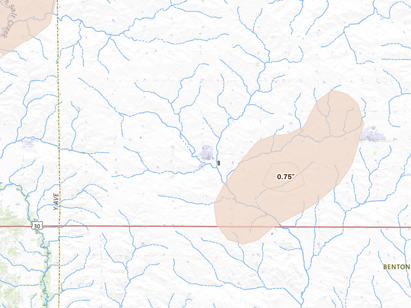 Radar-estimated hail-size map of the storm over Keystone, IA on Jul 2, 2026