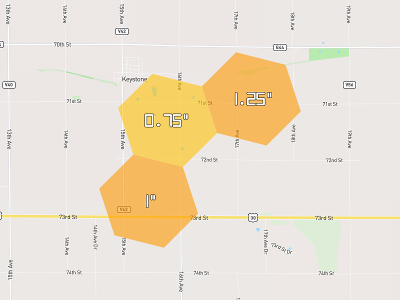 Hail map of Keystone, IA on Jul 2, 2026, hail up to 1.25"