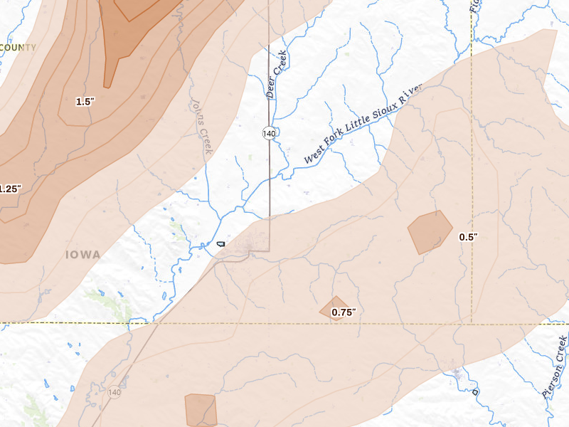 Radar-estimated hail-size map of the storm over Kingsley, IA on Apr 13, 2026