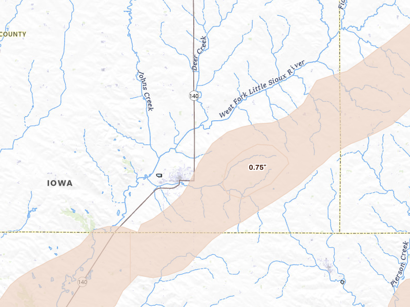 Radar-estimated hail-size map of the storm over Kingsley, IA on Apr 23, 2026