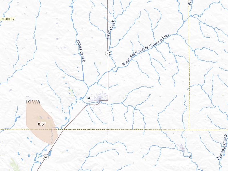 Radar-estimated hail-size map of the storm over Kingsley, IA on May 16, 2026