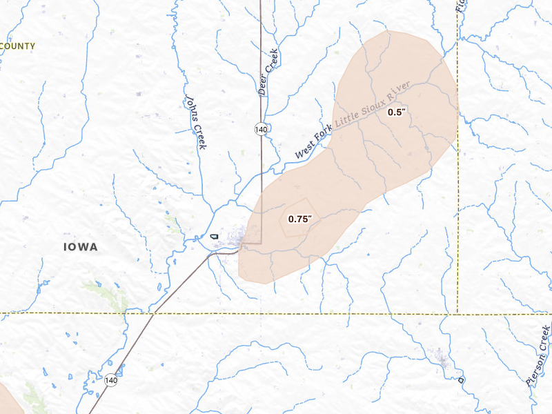 Radar-estimated hail-size map of the storm over Kingsley, IA on Jun 29, 2026