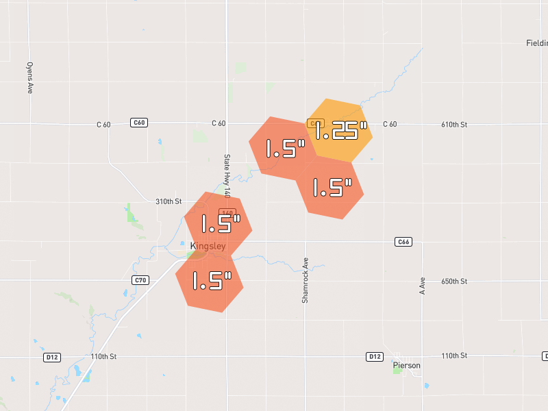 Hail map of Kingsley, IA on Jun 30, 2026, hail up to 1.5"